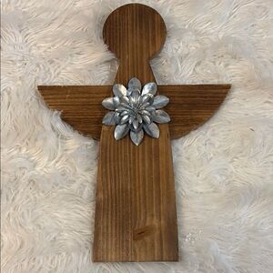 Wooden Angel with Silver Metal Flower Accent